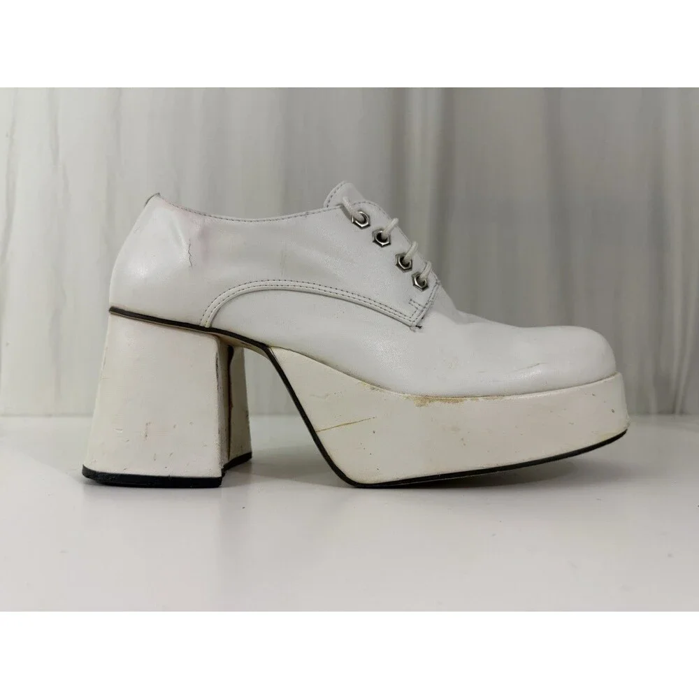 White Patent Men Platform Shoes Dance Party Sz 10-11 Chunky Retro ‘70s Fashion
